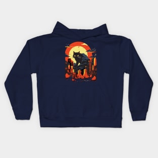 Japanese Sunset Giant Black Cat CatZilla Kids Hoodie